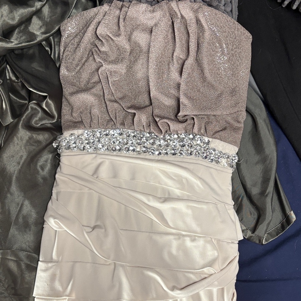 Deb Strapless Dress in Shimmering Taupe and Cream